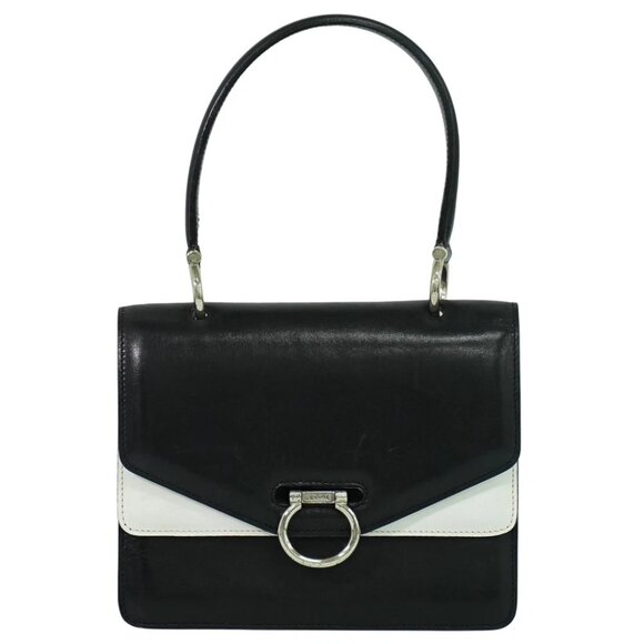 CELINE Leather Double Flap Top Handle Handbag Black White Silver - Picture 1 of 10